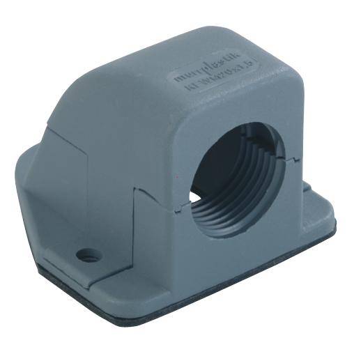 Grått plastskyddshölje med rund, räfflad kabelgenomföring i mitten, lämplig för säker kabelanslutning.