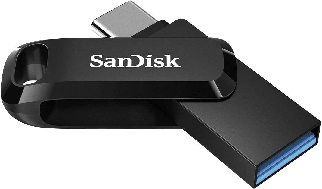 En svart SanDisk USB-sticka med USB-C-kontakt, halvöppen.