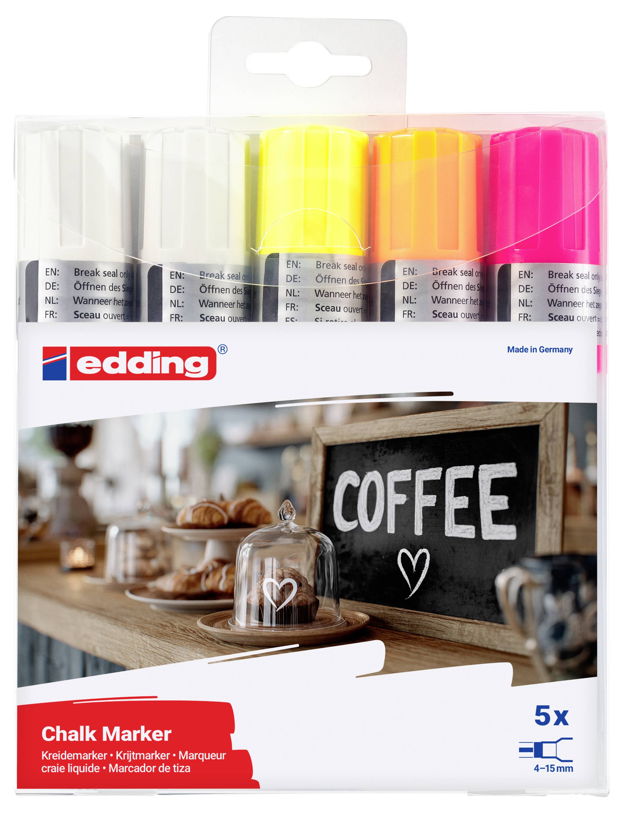 Paket med fem Edding-kritpennor i vit, grå, svart, gul, orange och rosa, märkta för användning 4-15 mm med en kaffetematiserad displaybild.