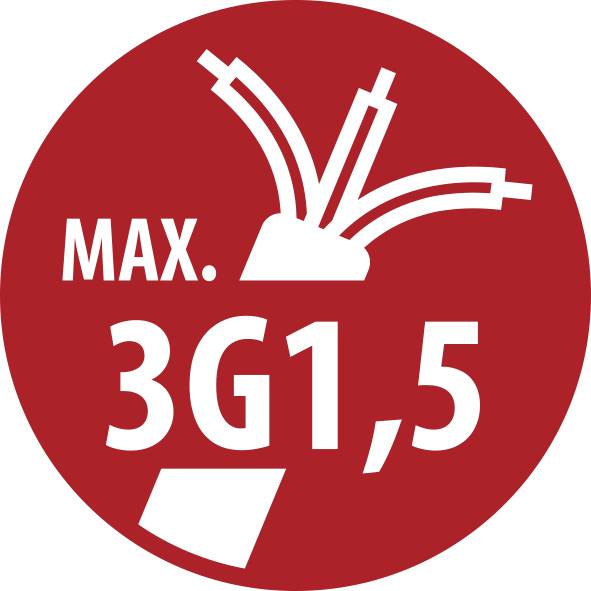 Röd cirkulär varningsetikett med texten "MAX. 3G1,5" och en vit kabel- eller trådssymbol ovanför texten.