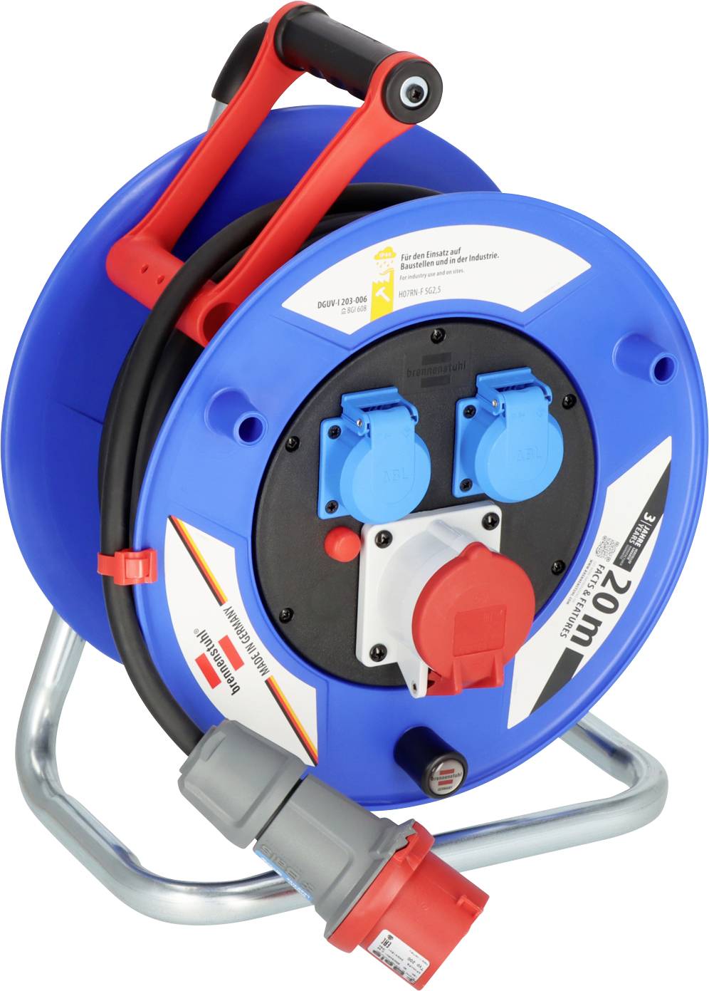 En blå kabeltrumma med två uttag och en röd CEE-kontakt, lämplig för 20 meter kabel, på en stabil metallram.