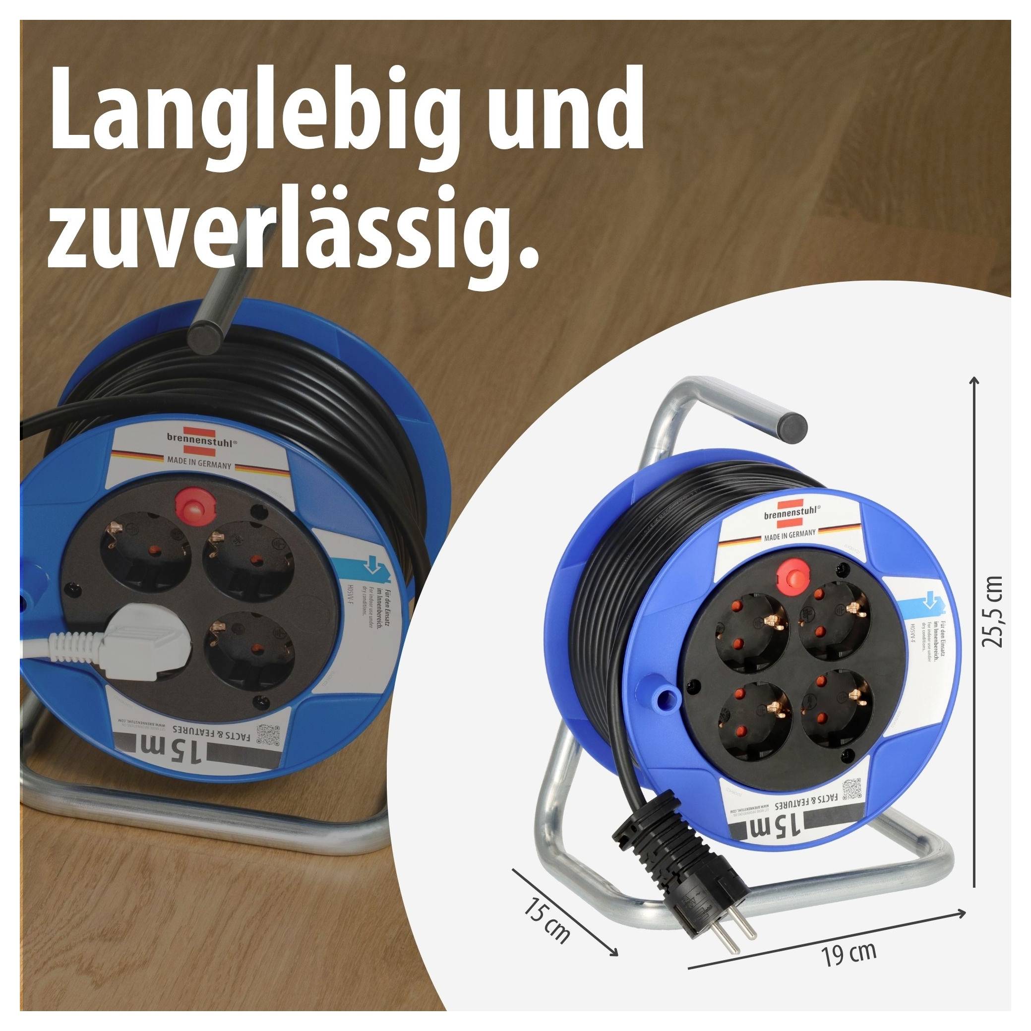 Reklamillustration av en blå kabeltrumma med eluttag; text "Långvarig och pålitlig." samt måttangivelser 15 cm, 19 cm och 25,5 cm.