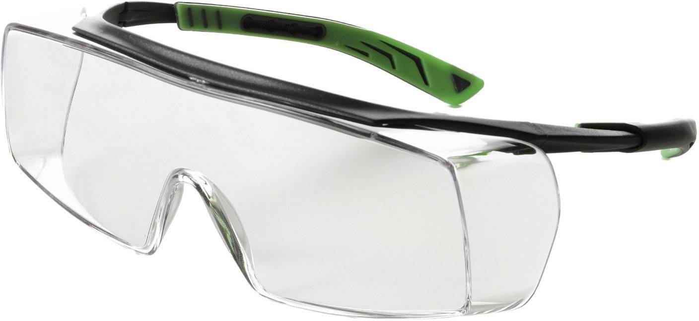Skyddsglasögon med transparenta glas och gröna-svarta bågar; används för att skydda ögonen vid hantverksarbete.