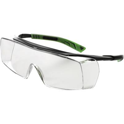 Skyddsglasögon med transparenta glas och gröna-svarta bågar; används för att skydda ögonen vid hantverksarbete.