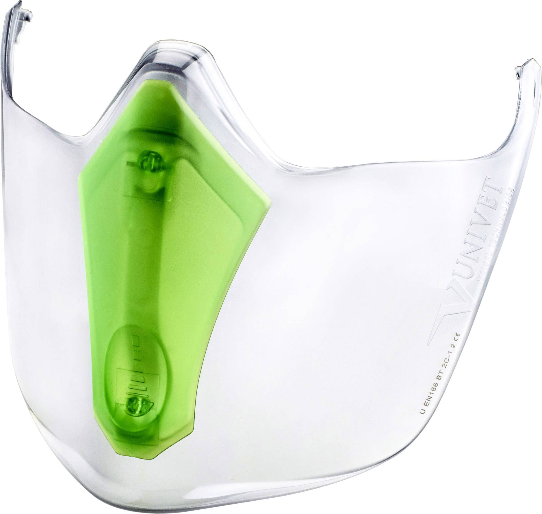 Transparent skyddsvisir med ett grönt element som troligen bidrar till ytterligare stabilitet eller funktionalitet.