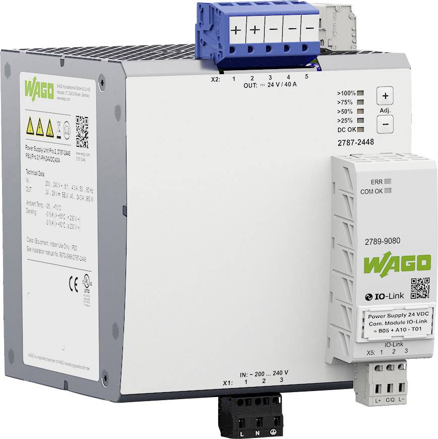 Industriellt switchat nätaggregat med flera anslutningar och en extra modul på ovansidan. Modellnamn och specifikationer visas.