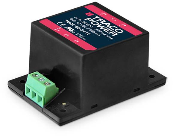 Bilden visar en svart elektrisk modul med en röd etikett som anger varumärket 'TRACO POWER'. Den har gröna anslutningskontakter.