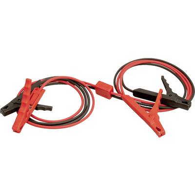 Startkabler med röda och svarta klämmor på vit bakgrund, används för att överbrygga bilbatterier.