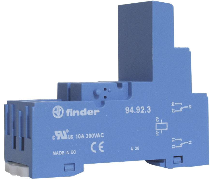 Blå relämodul med sockelhållare med texten '10A 300VAC'. Innehåller symboler för elektrisk koppling och monteringsdetaljer.