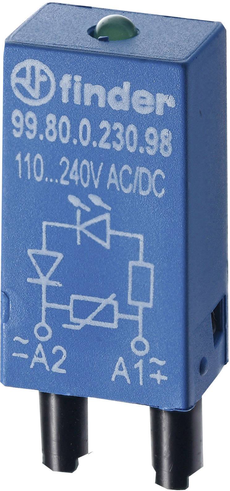 Blått elektriskt relä med vit kopplingsschema, lämpligt för 110 till 240 V AC/DC. Varumärke och modellnummer angivet ovanpå.