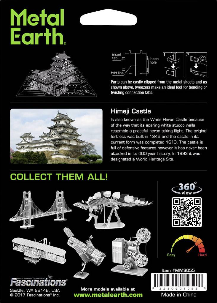 'Metal Earth' byggsats Himeji Slott. Bild av slottet; delar som kan sättas ihop. Fler modeller visas.