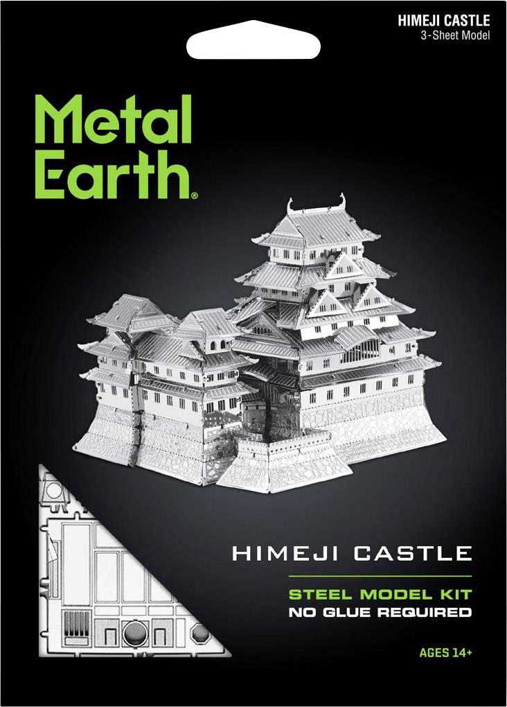 'Metal Earth' modellbyggsats av 'Himeji-slottet' i stål, utan lim. Lämplig för personer från 14 år. Förpackning i svart och grönt.
