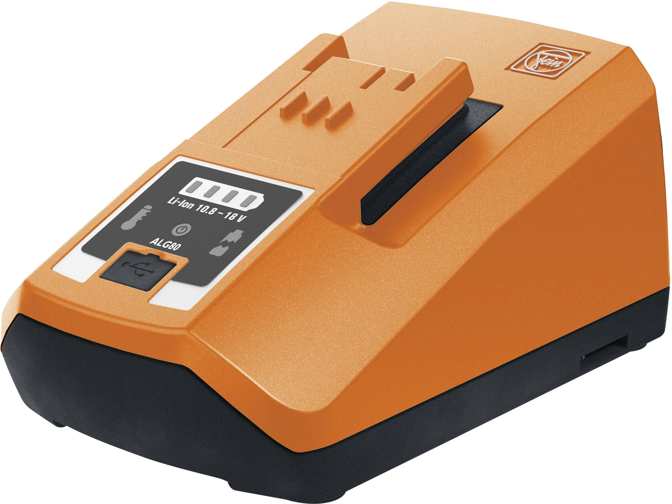 En orangefärgad laddare för Li-Ion-batterier, med en indikator för laddningsstatus och ett fack för att sätta i batteriet.