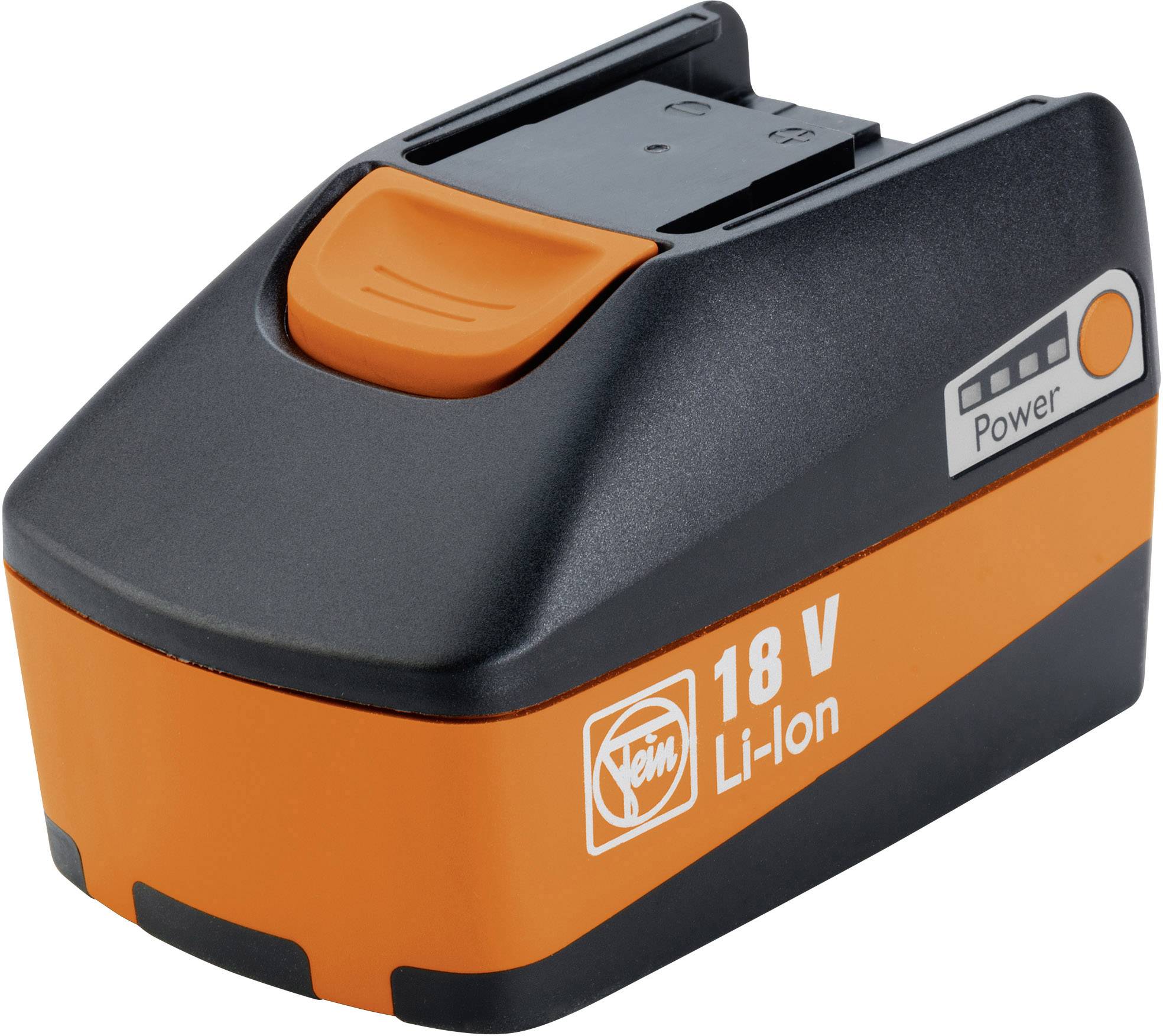 Orange batteri med '18 V Li-Ion' inskription, varumärkeslogotyp och effektindikator, lämplig för elverktyg.
