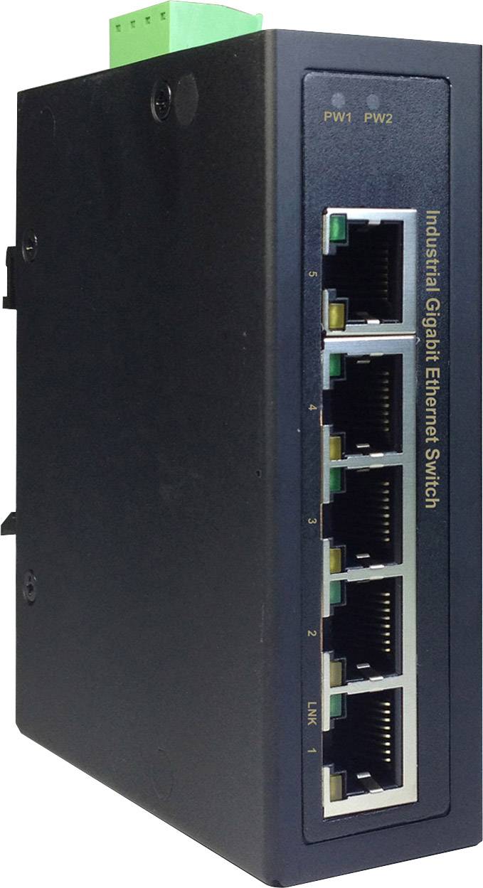 Industriell Gigabit Ethernet-switch med fem Ethernet-portar, lämplig för stabila och snabba nätverksanslutningar.