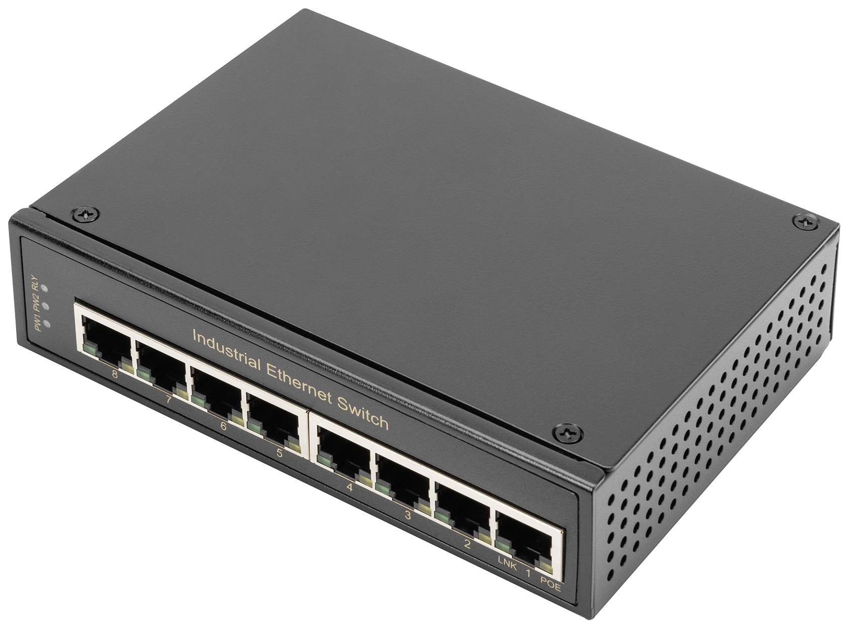 En svart industriell Ethernet-switch med åtta nätverksportar på framsidan.