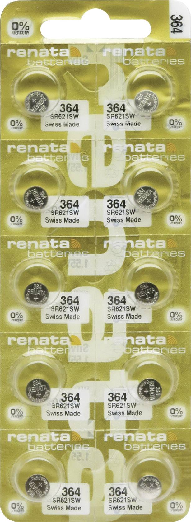 Renata 364 Swiss Made batterier, 10 stycken i gul förpackning, kvicksilverfri. Varje batteri är individuellt förseglat.