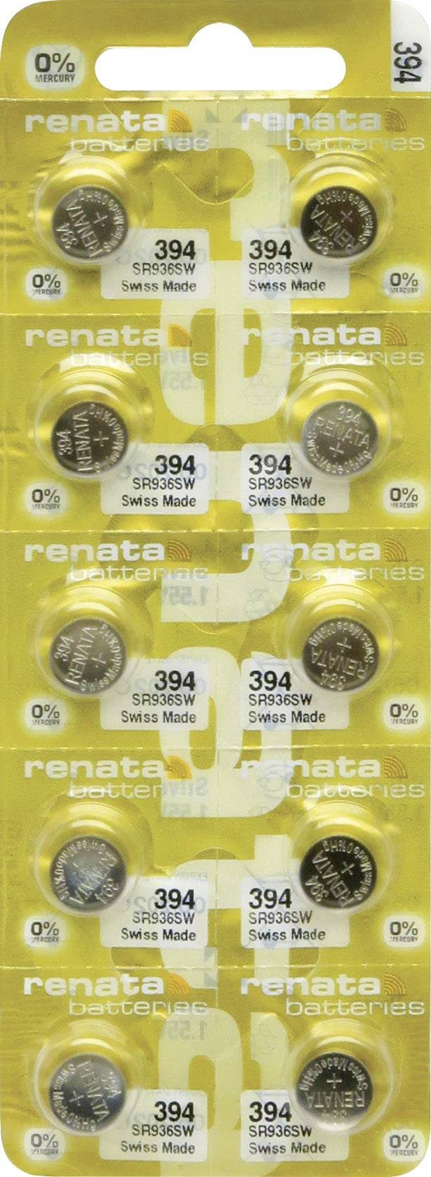 Förpackning med tio Renata 394 silveroxid-knappcellsbatterier, Swiss Made och 0% kvicksilver. Gul bakgrundsfärg.