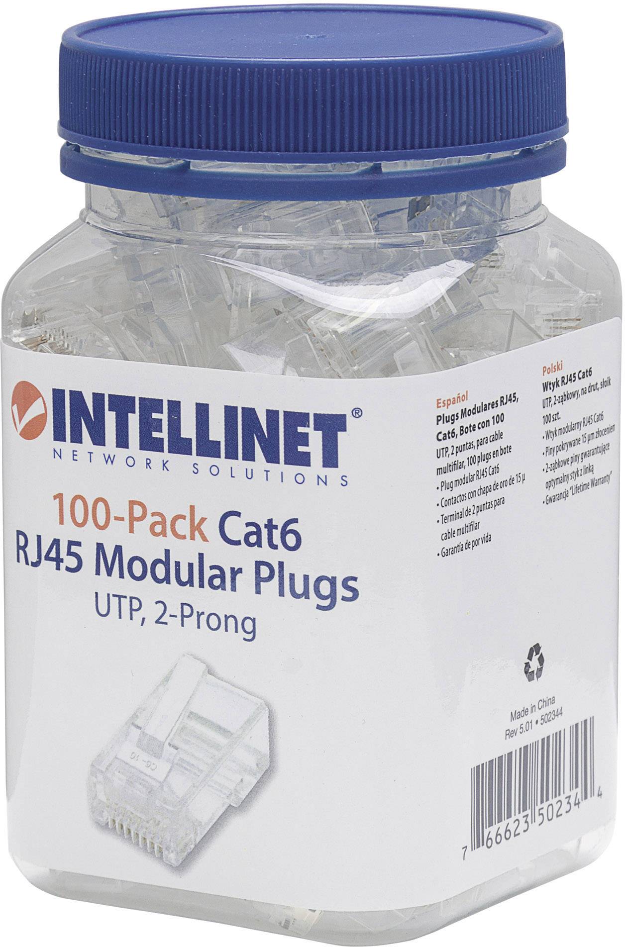 En plastburk med 100 stycken RJ45 modularkontakter, Cat6, från Intellinet för nätverkslösningar, på vit bakgrund.