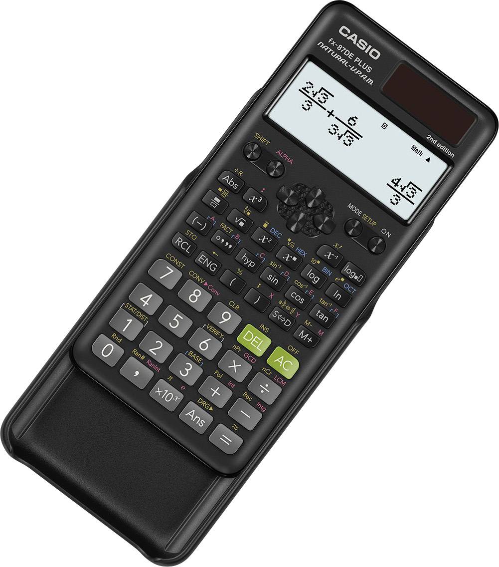 En vetenskaplig räknare med två displayvyer. Längst upp visas en matematisk beräkning med bråktal.