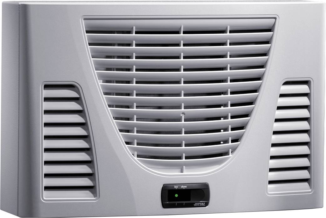 Väggmonterad luftkonditionering med ventilationsöppningar och manöverpanel på framsidan.