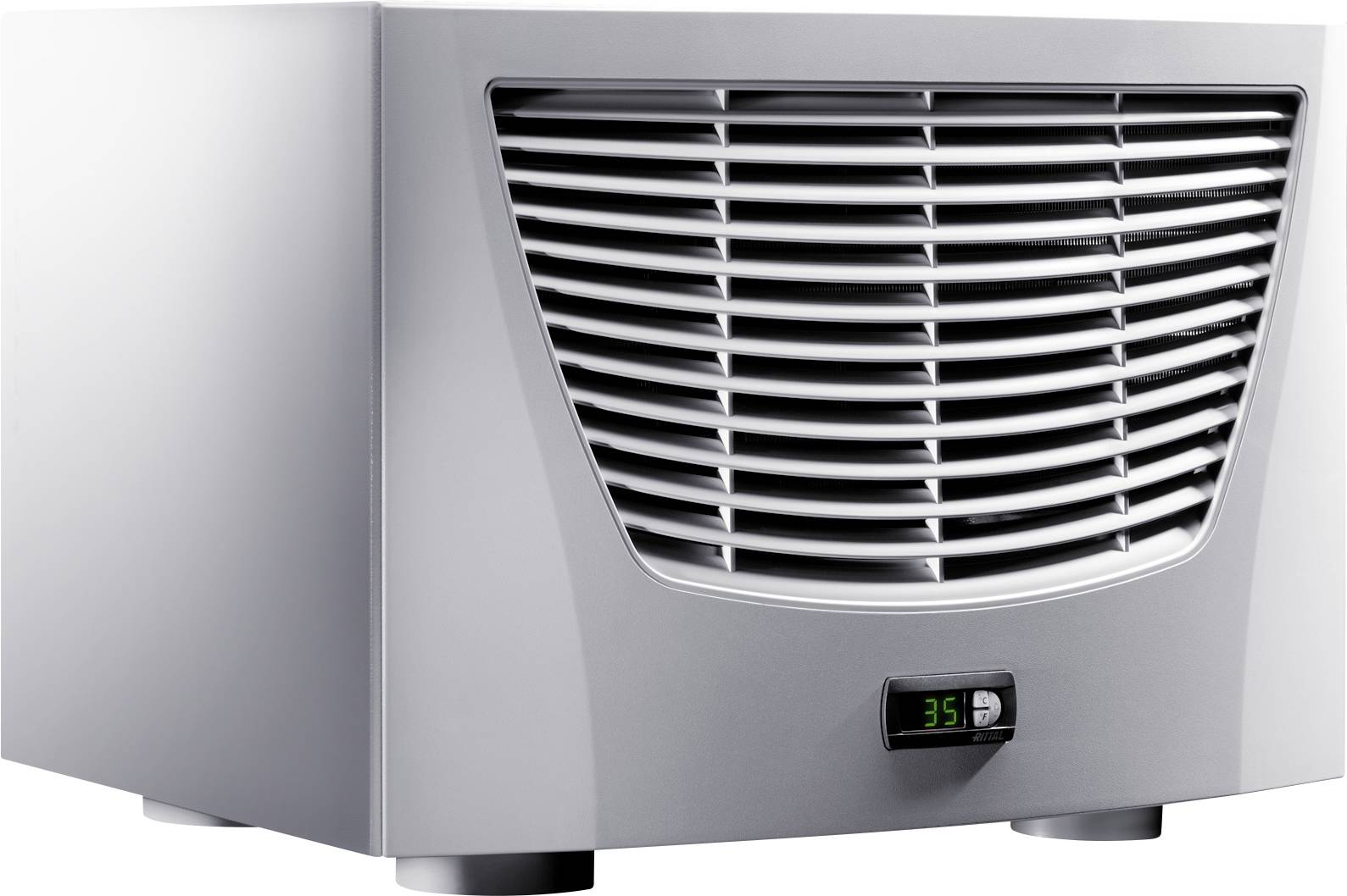 Metalliskt apparatur med ventilationsöppningar framtill, visar en temperaturavläsning på 35 grader. Sannolikt ett kylsystem.