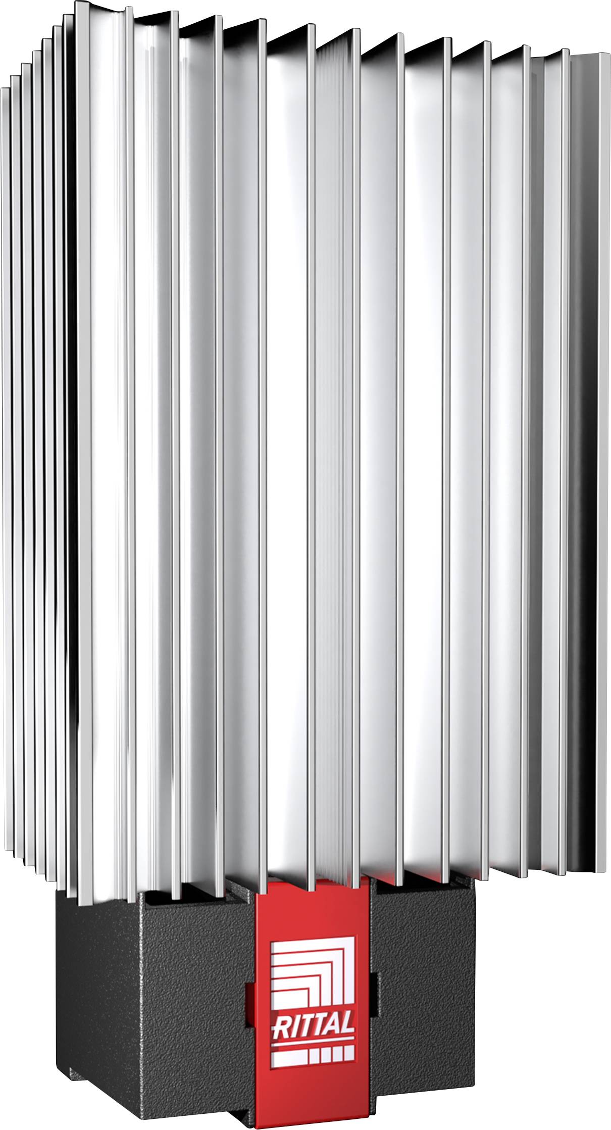 En vertikal aluminiumkylare på en svart sockel, med en röd 'RITTAL'-logotyp. Används för värmeavledning i elektriska system.