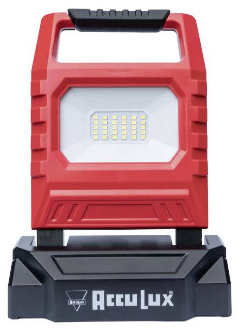 Röd batteridiven LED-arbetslampa, i rektangulärt utförande med bärhandtag och svart bas. Märkt med 'AccuLux'.