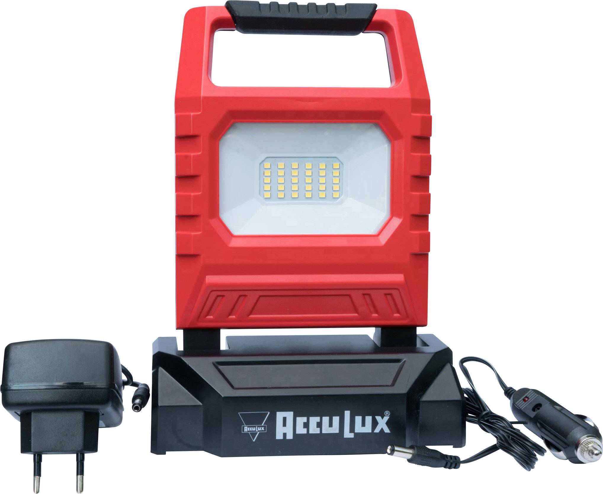 En röd, bärbar LED-arbetslampa med nätadapter och billaddare från märket 'AccuLux'. Perfekt för flexibel belysning.
