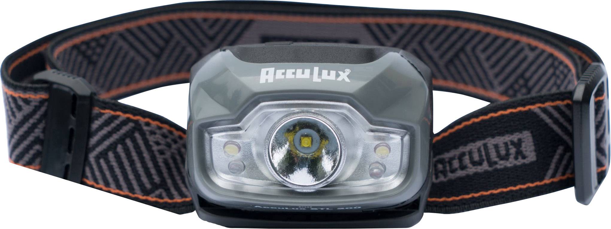 Pannlampa med justerbart huvudband och liten LED-lampa. Varumärket 'AccuLux' synligt på framsidan.