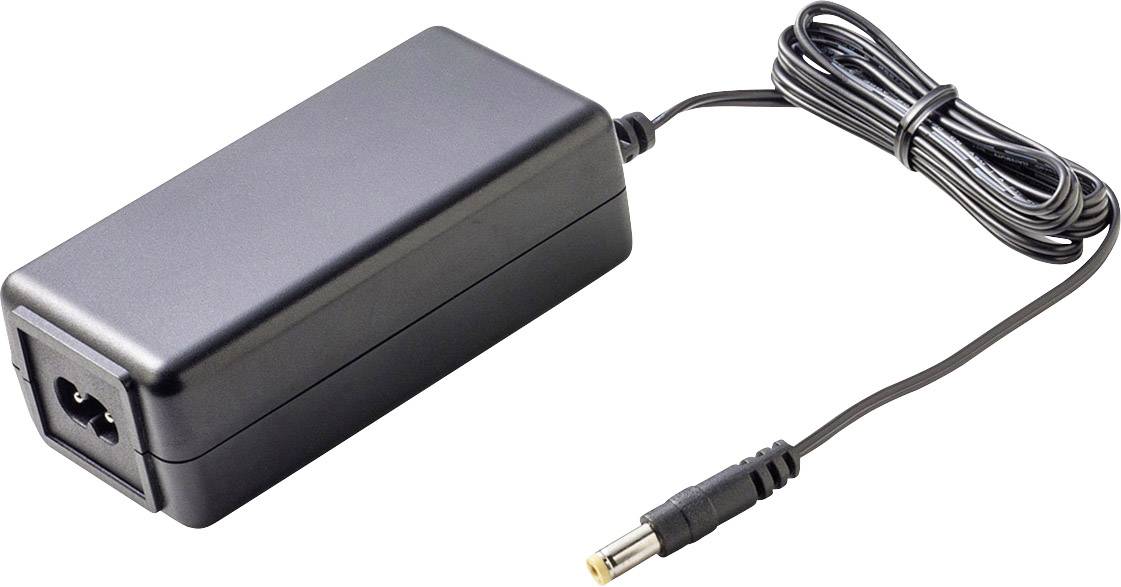 Ett svart nätadapter med anslutningskabel och kontakt, lämplig för elektroniska enheter, ligger på en vit yta.