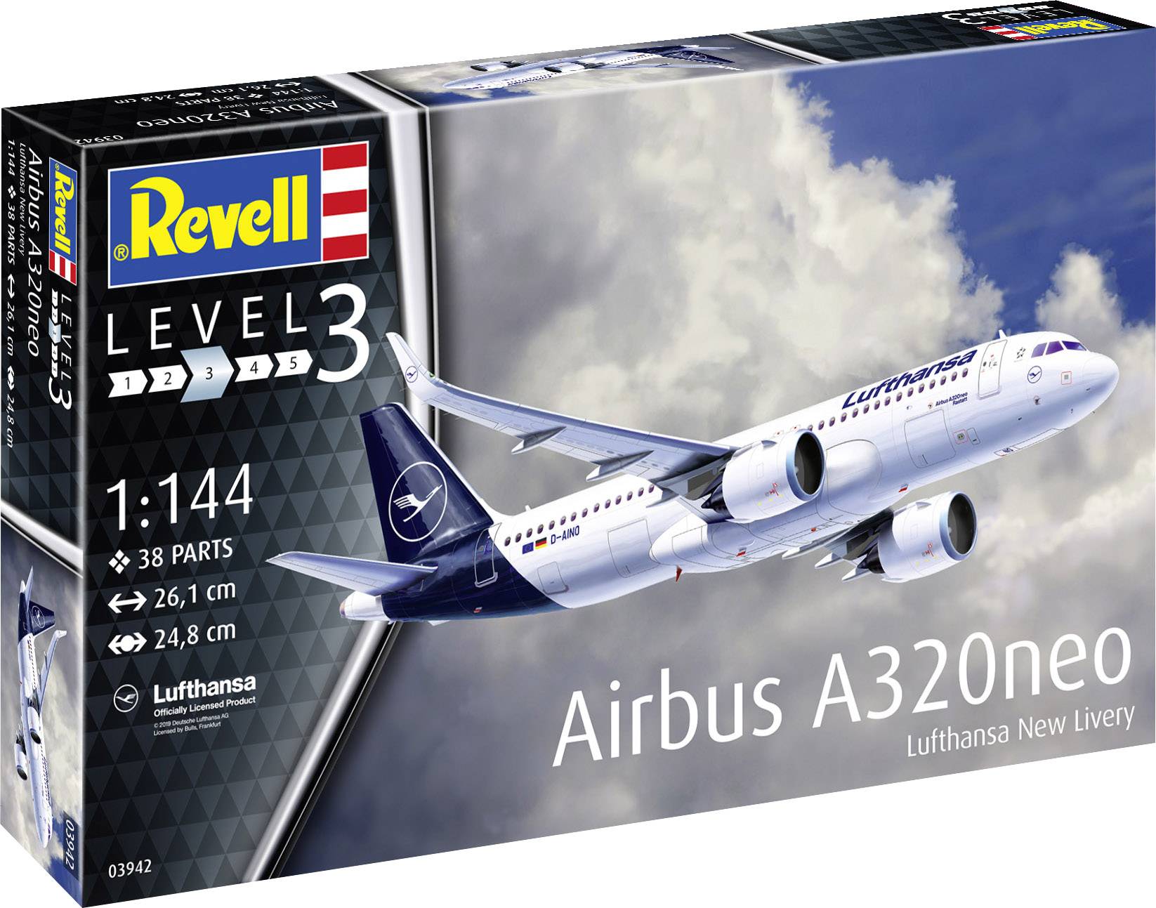 Revell modellbyggsats Nivå 3: Airbus A320neo i Lufthansas nya design med 38 delar, skala 1:144. Förpackningen visar flygplanet i skyn.