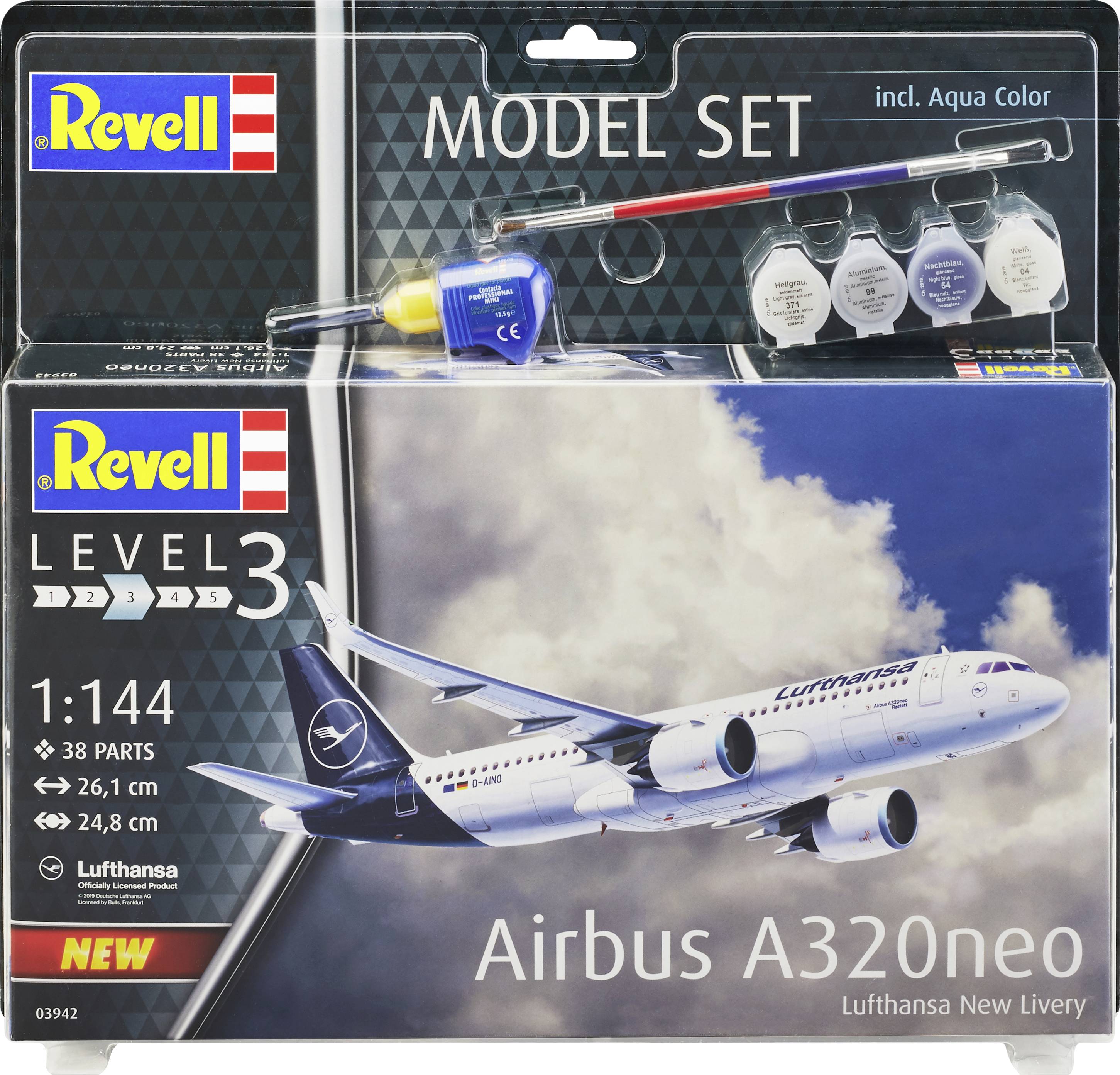 Revell modellset Airbus A320neo, skala 1:144. Innehåller 38 delar, färger, lim och pensel. Lufthansa-design, nivå 3 för avancerade.