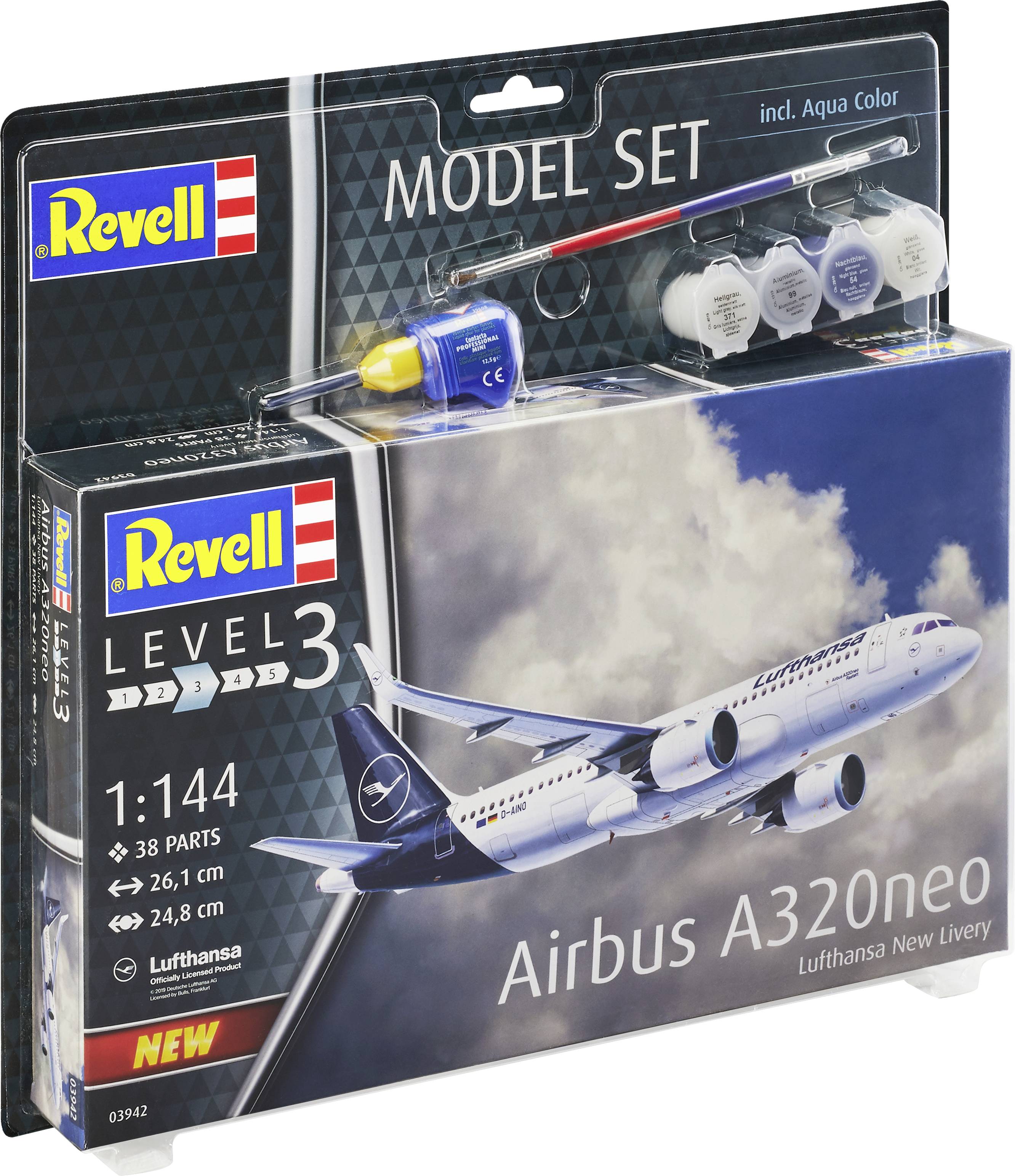 Förpackningen "Revell Model Set Airbus A320neo" visar en byggsats för flygplansmodell. Innehåller färger och penslar, skala 1:144.