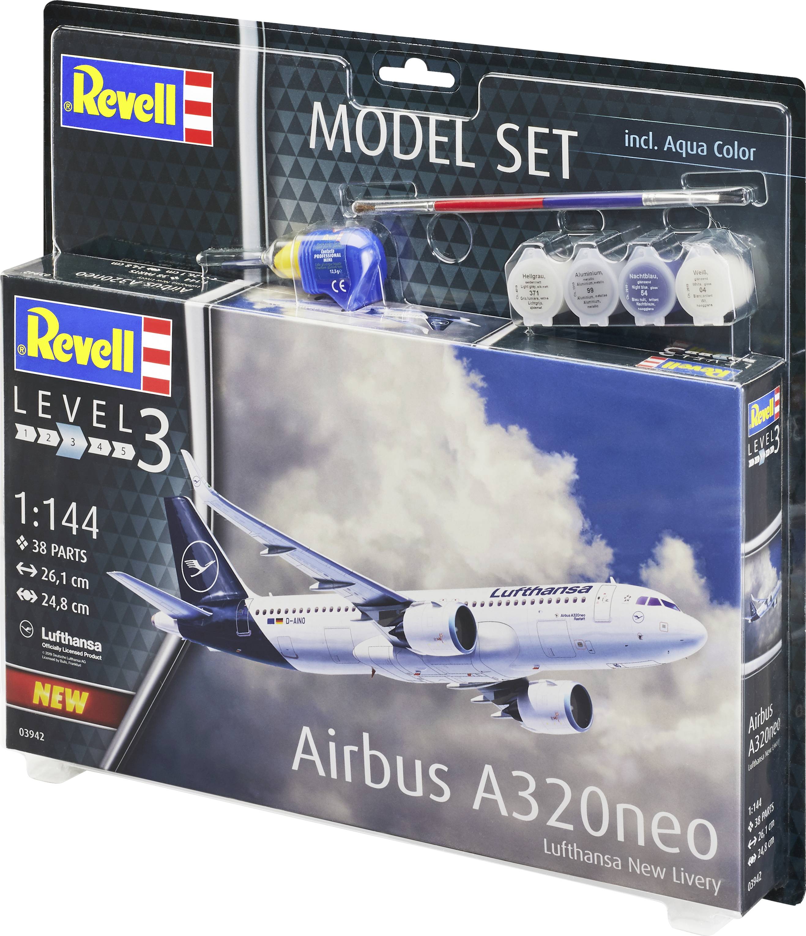 Revell modelbyggsats 'Airbus A320neo' i skala 1:144 med 38 delar, svårighetsgrad nivå 3, inklusive Aqua Color färger och pensel.