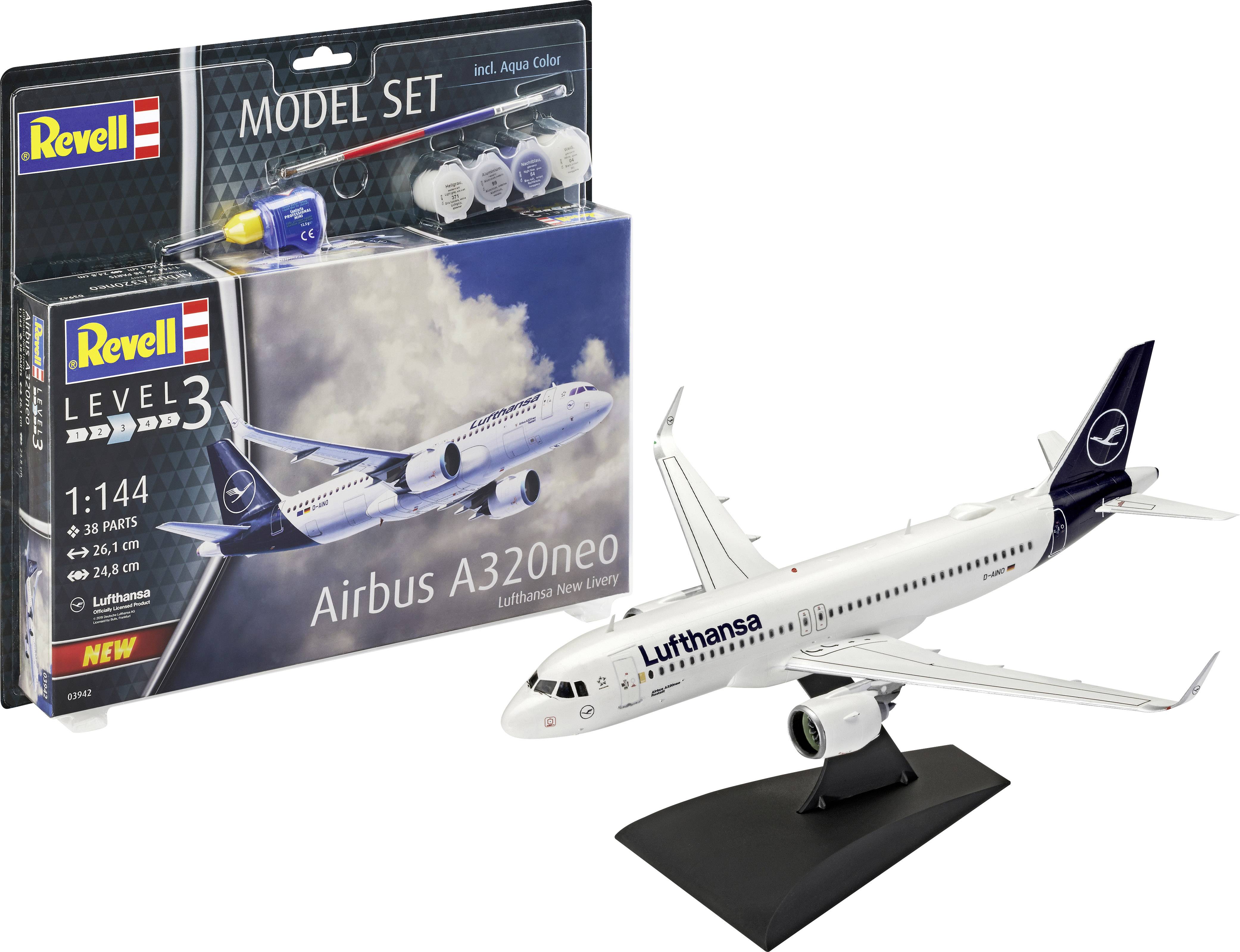 'Revell modellset Airbus A320neo' visar en plastmodellsats med ett färdigt modelflygplan på en sockel och färgmagi.