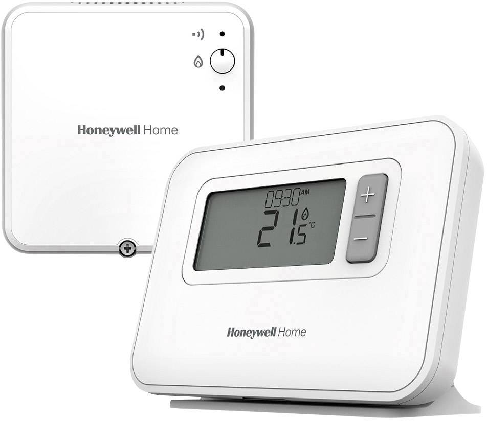 En digital termostat visar 21 °C. Enheten har plus- och minusknappar för temperaturinställning.