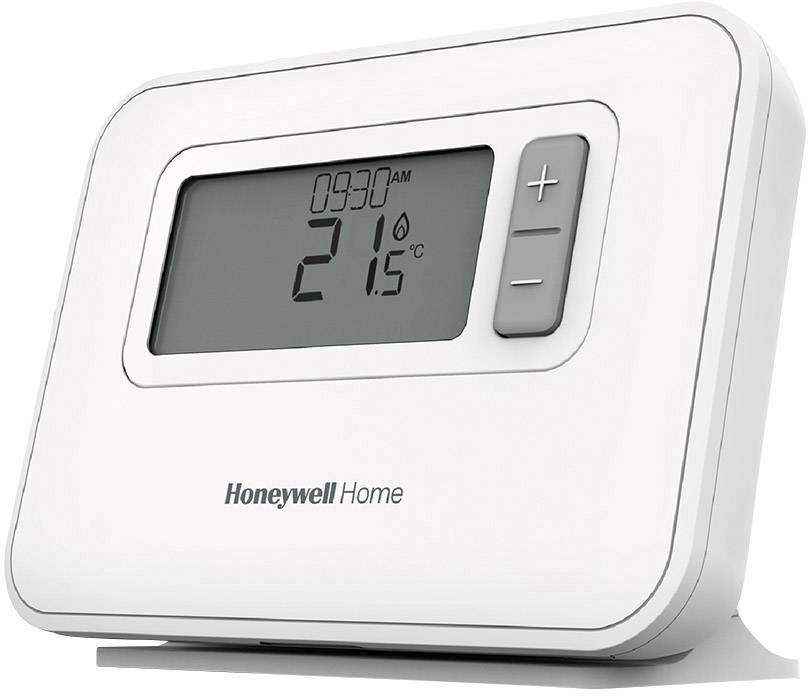 Ett digitalt termostat från Honeywell Home visar '09:30 FM' och '21,5°C'. Den har plus- och minusknappar för temperaturinställning.