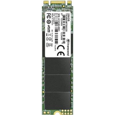 Transcend 256GB M.2 SSD med serienummer och CE-märkning, monterad på en grön krets.
