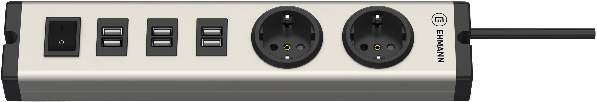 Grenuttag med två eluttag, fyra USB-portar och en på-/avströmningsbrytare, lämplig för effektiv strömfördelning.