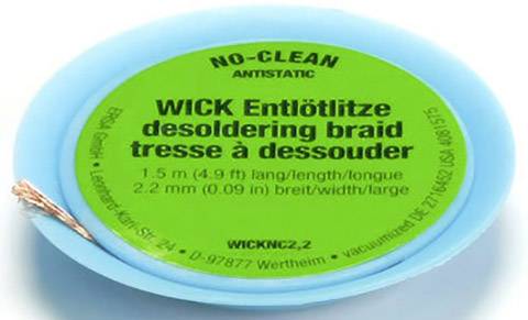 Rund förpackning av en lödsugtråd med text: 'NO-CLEAN ANTISTATISK VEKE Lödsugtråd 1,5 m lång, 2,2 mm bred'.