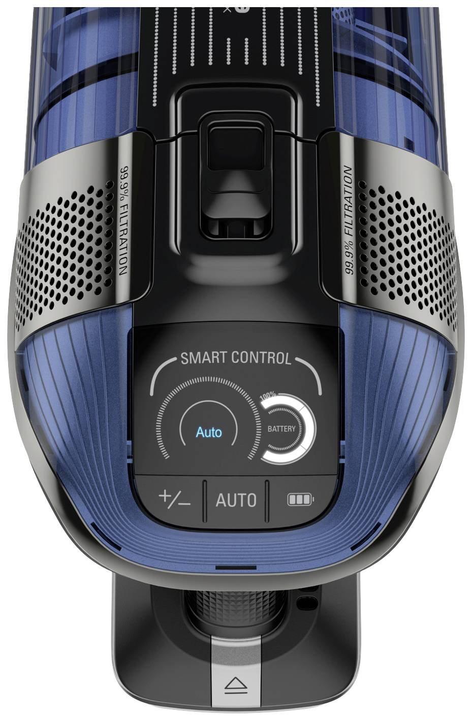 Dammsugare med 'Smart Control', autoläge, batterindikator och sugstyrningsreglage. Ovansidan designad i blått och svart.