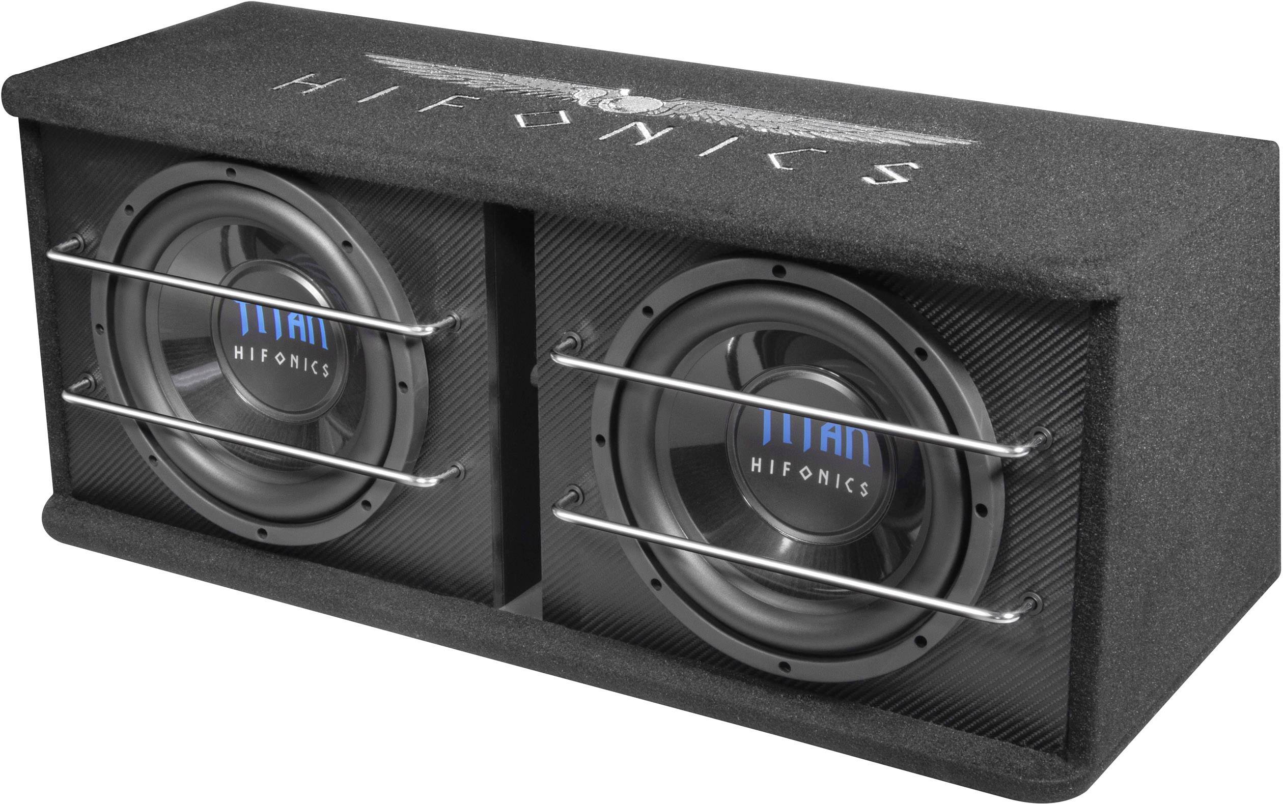 Högtalarlåda med två stora svarta subwoofers, skyddade av metallgaller. Påtryck 'Hifonics' och 'Titan' i blått och silver.