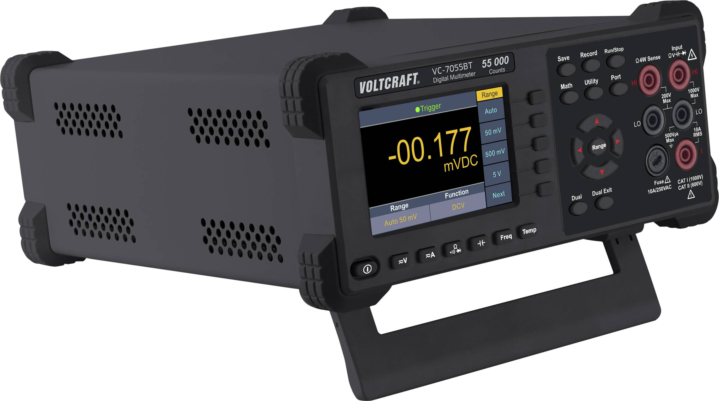 Ett digitalt bordsmultimeter med LCD-display visar -0,177 mVDC. Enheten har flera funktionsknappar och anslutningar för elektriska mätningar.