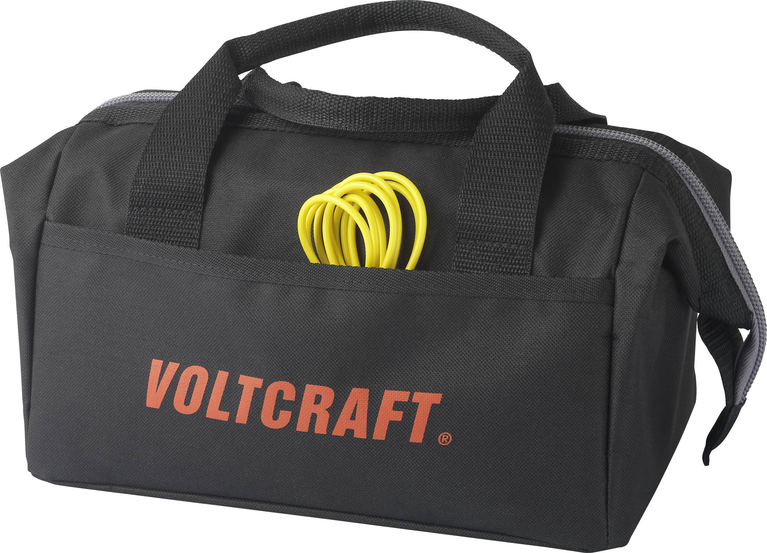 Svart Voltcraft-väska med dragkedja, gul kabel sticker ut.