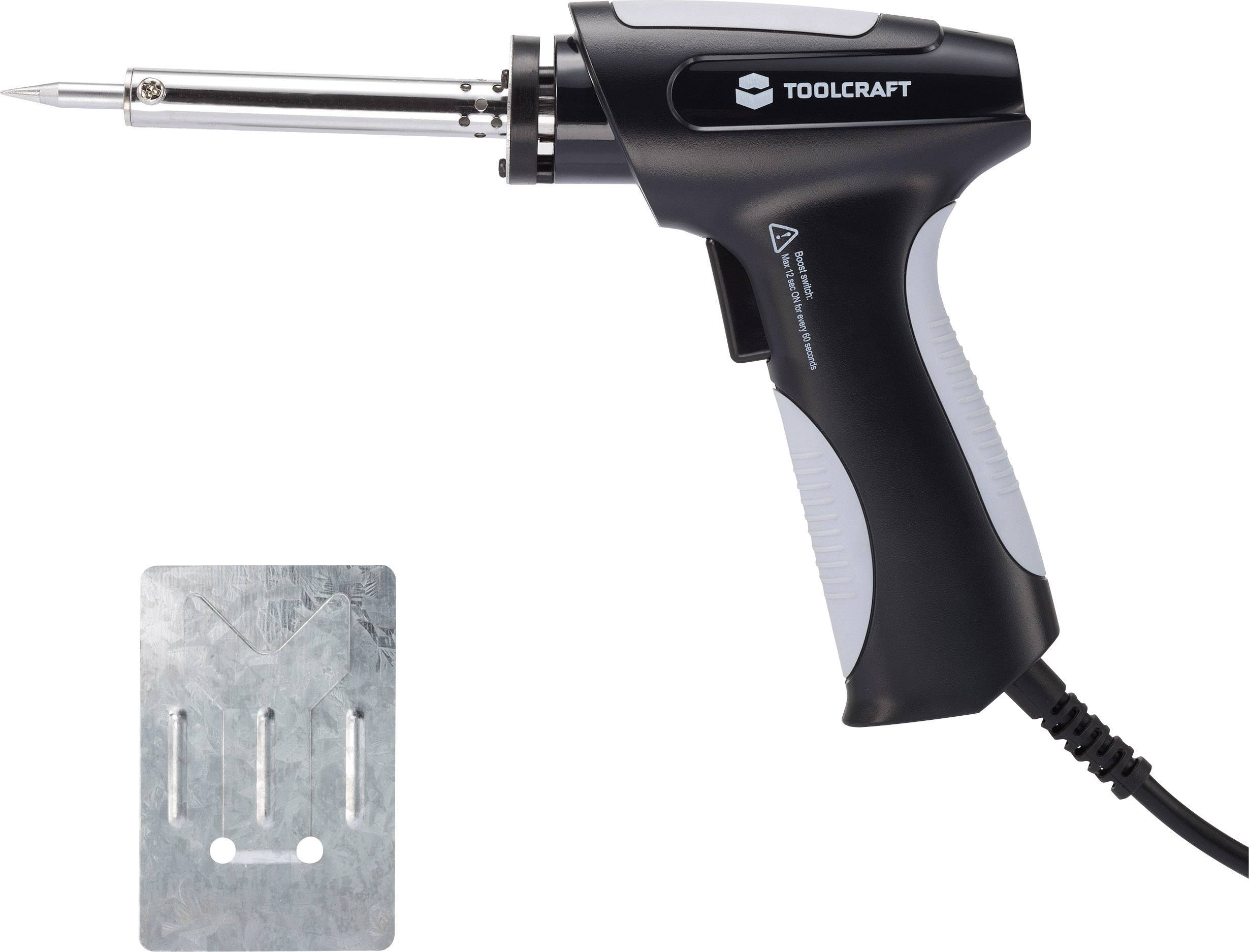 Lödkolv från Toolcraft i svart och vitt med hållare och nätströmskabel, lämplig för reparationer och elektronikarbeten.
