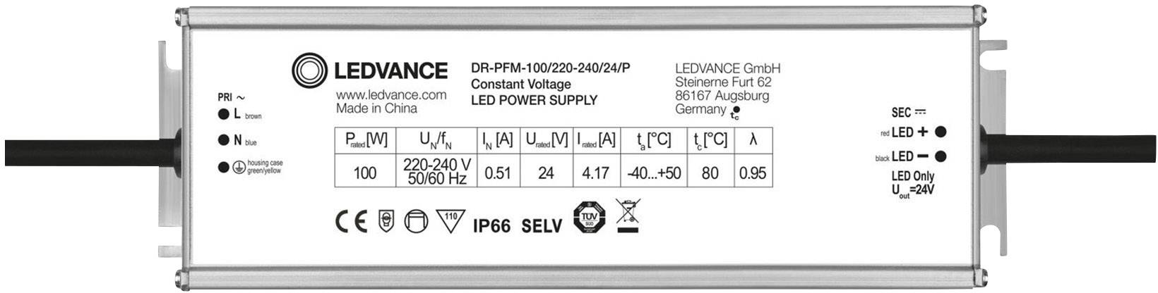 LED-strömförsörjningsenhet från Ledvance med tekniska specifikationer tryckt: effekt, spänning, utgångskategori, effektivitet.