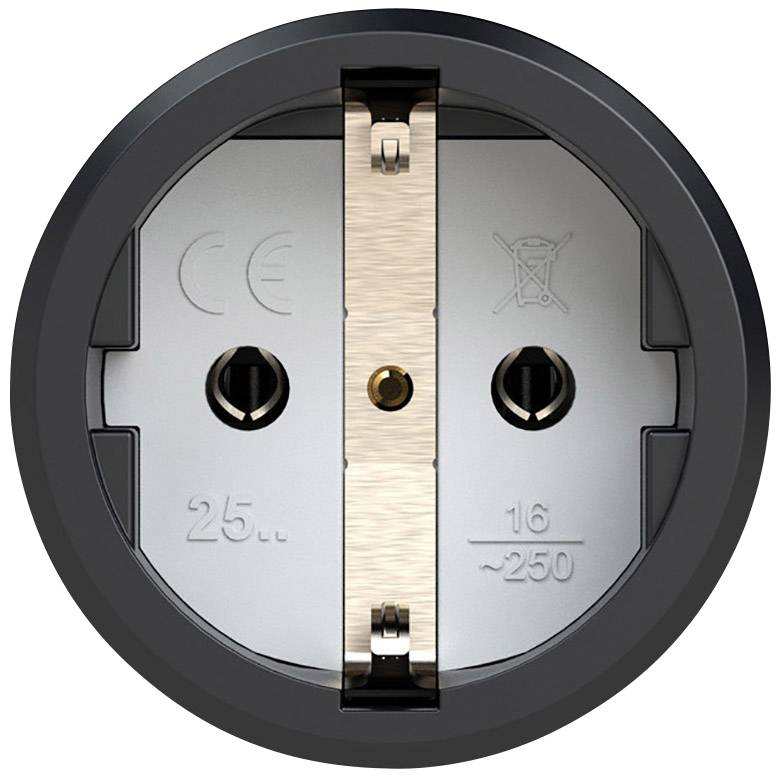 En europeisk vägguttag med två runda öppningar och jordningskontakt, lämplig för 16 A och 250 V, inbyggd i ett runt lock.