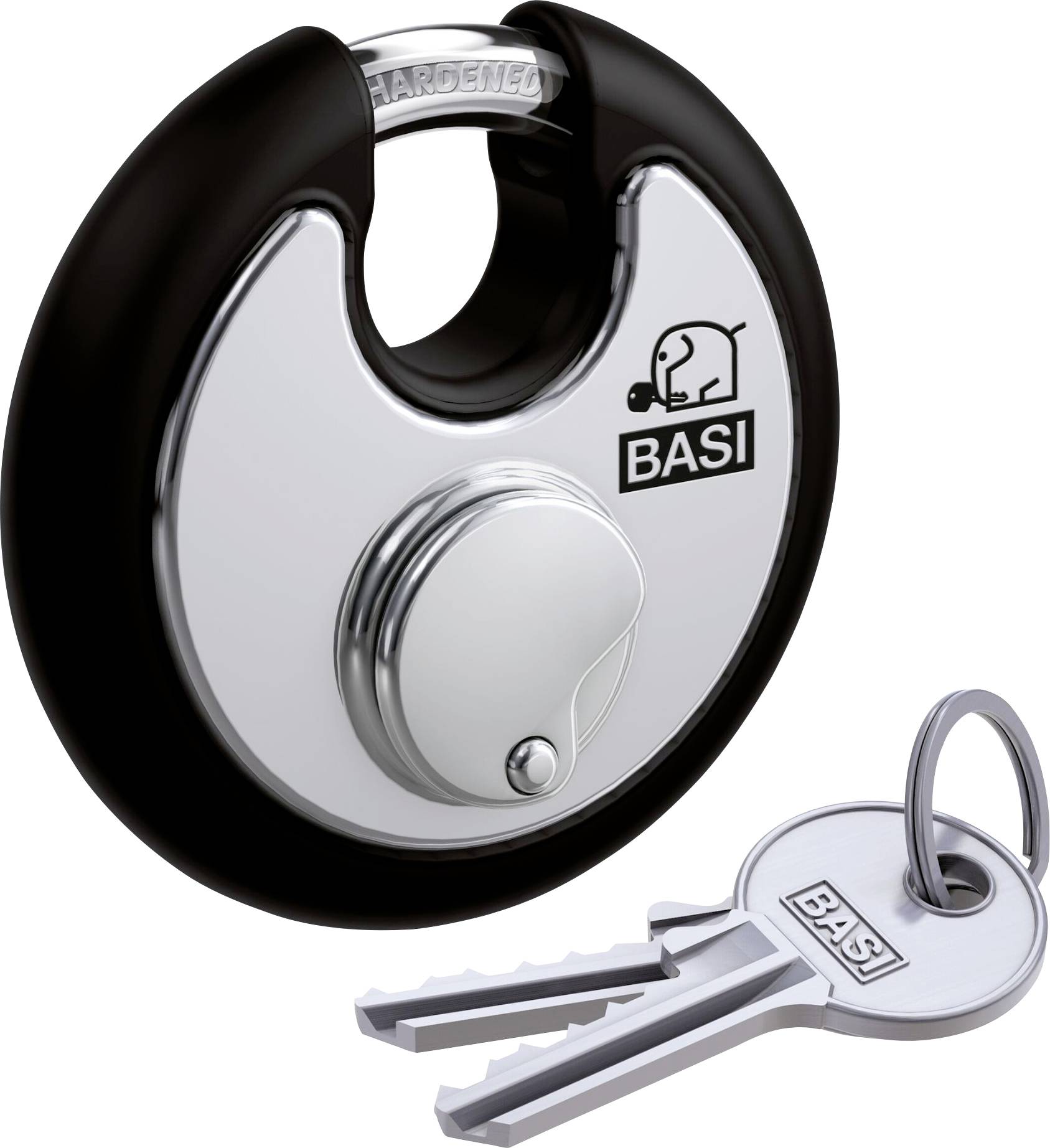 Ett silverfärgat hänglås med svart kant och två nycklar med Basi-logotyp.