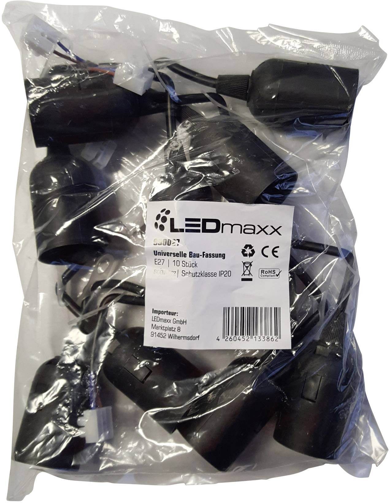 'LEDmaxx universal byggsockel E27, 10 stycken, IP20, Importör: Lienesch GmbH, Tyskland. Förpackning med svarta socklar.'